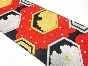 アンティーク　亀甲に牡丹・菊模様織り出し袋帯（着用可）